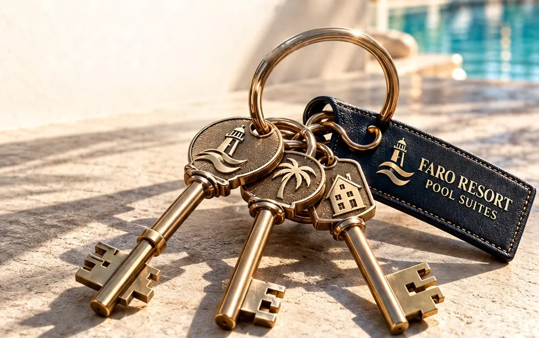 Tres llaves de bronce de Faro Resort Pool Suites: un faro, una palmera y una casa